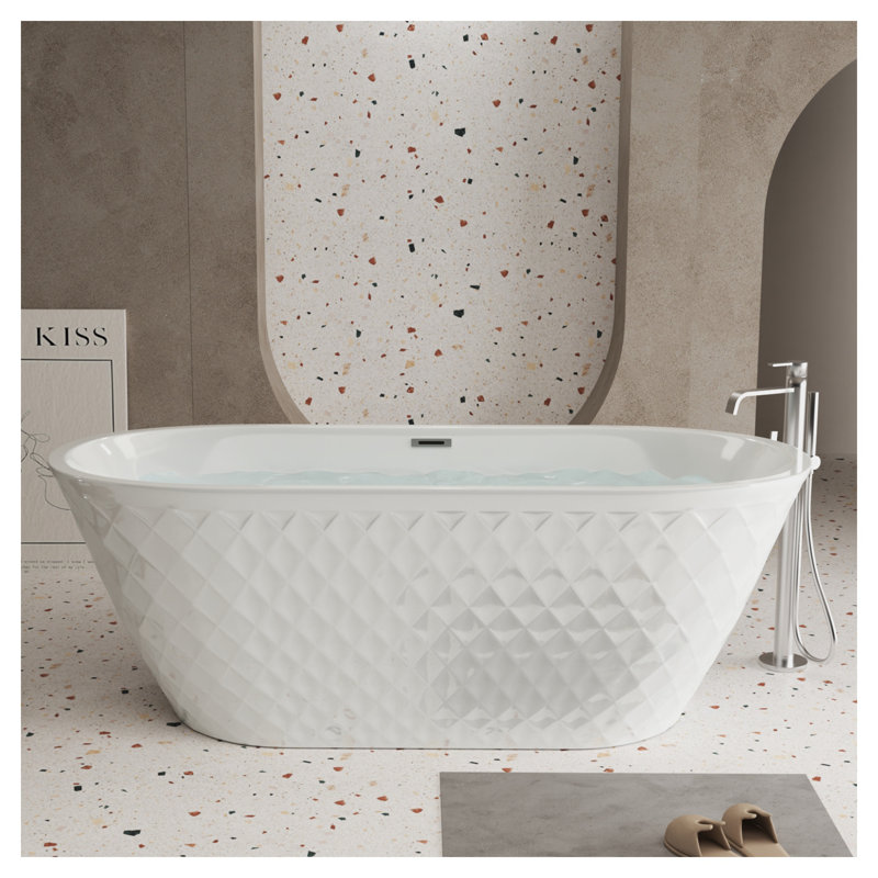 Baignoire de trempage autoportante en acrylique de 59 pouces avec motif de losanges, baignoire ovale blanc brillant pour salle de bain