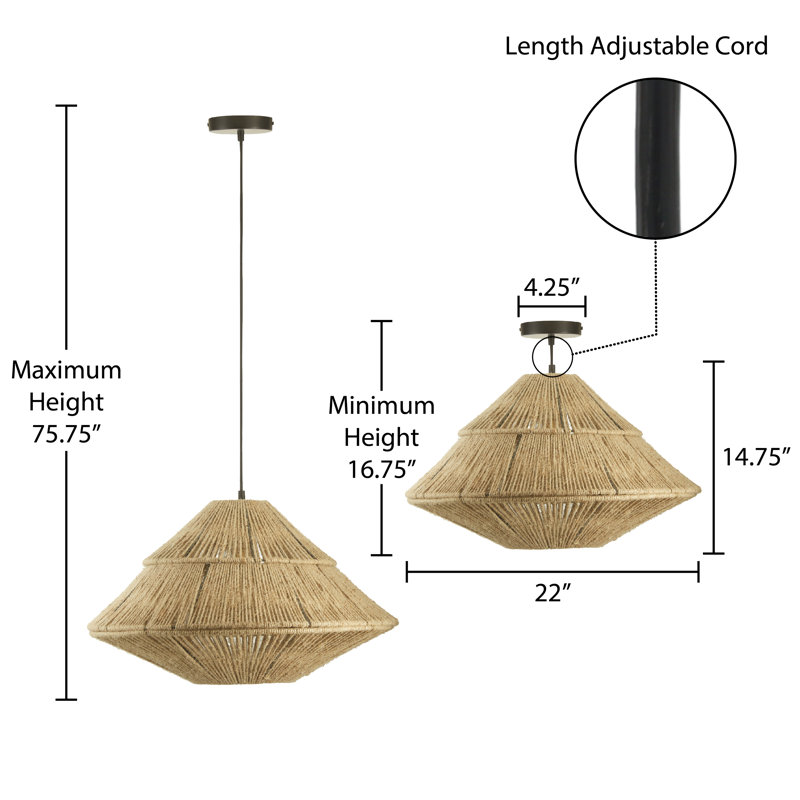 22"W 1-Light Metal and Jute Pendant