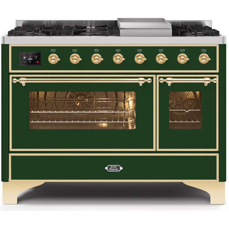 ILVE Majestic II Series 48 inch Dual Fuel Range with 8 Sealed Burners, Griddle (Glass Door), Natural Gas, Emerald Green/Brass
