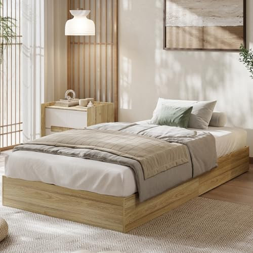 Lit plateforme en bois massif avec lattes de bois robustes, base de lit autoportante, Naturel, Lit simple