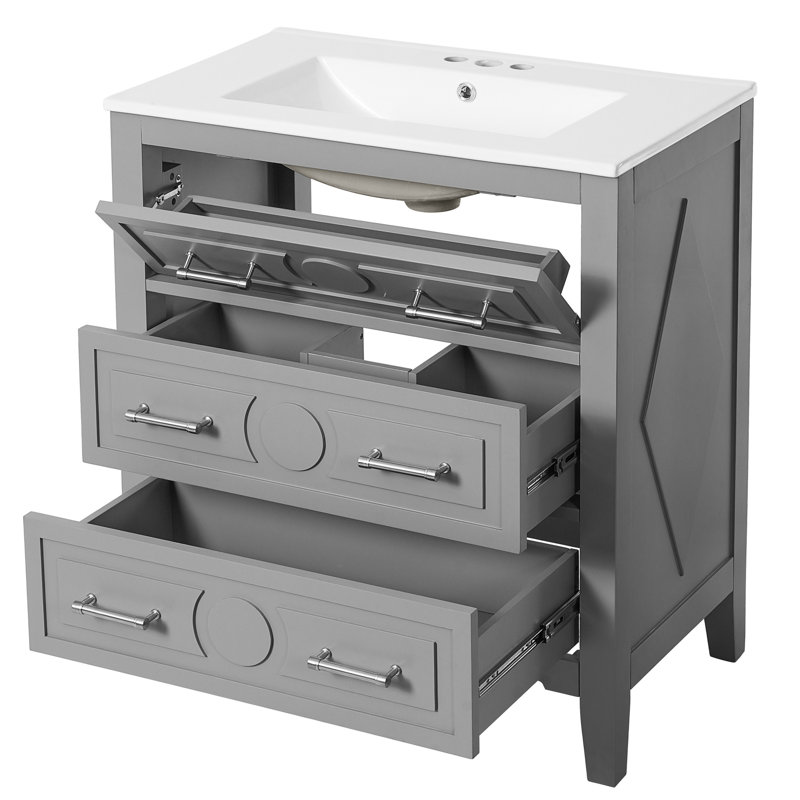 Meuble-lavabo simple 30 po, lavabo en céramique, structure en bois massif, 3 tiroirs, design classique, rangement polyvalent, - meuble-lavabo gris Spill Hole, profondeur, trois rangements en pin