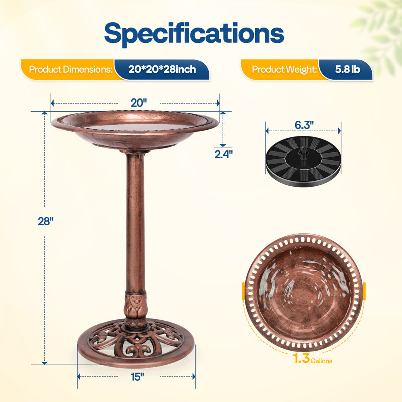 Outdoor Polyresin Antique Bird Bath with Solar Powered Round Pond Fountain, Bronze