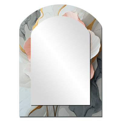 Blanc et corail marbre pivoines Elegance II - miroir mural arche pivoines, miroir décoratif asymétrique traditionnel, impression d'art en métal