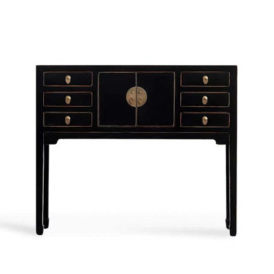 Console noire avec plusieurs tiroirs et rangement à double porte