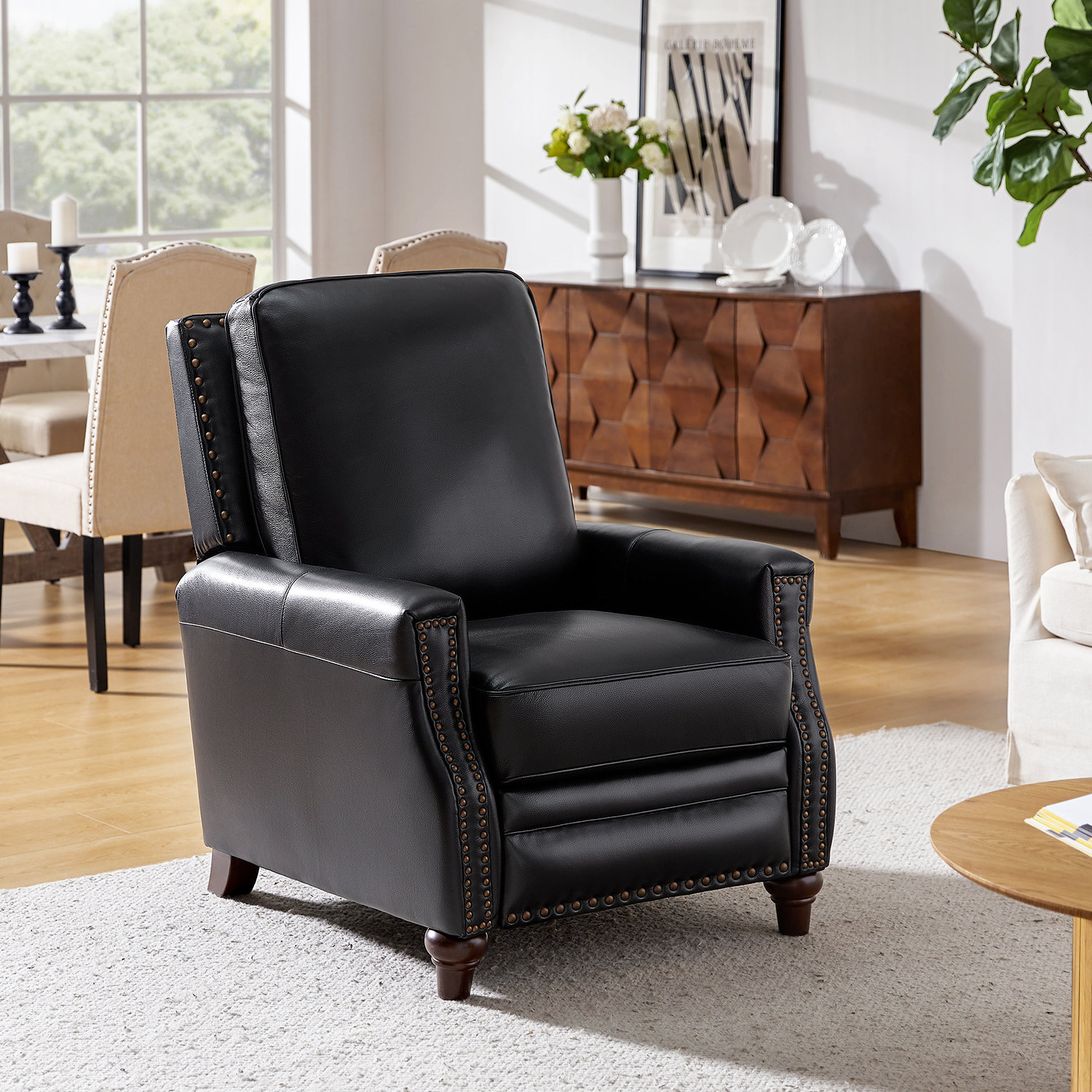 Andrena 33" Genuine Leather Manual Recliner, Black Genuine Leather