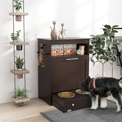 Brown Pet Feeder With Storage - Facilitates Feeding Raised Dog Bowls And Supply Food & Station, Brown, Functional Cabinet