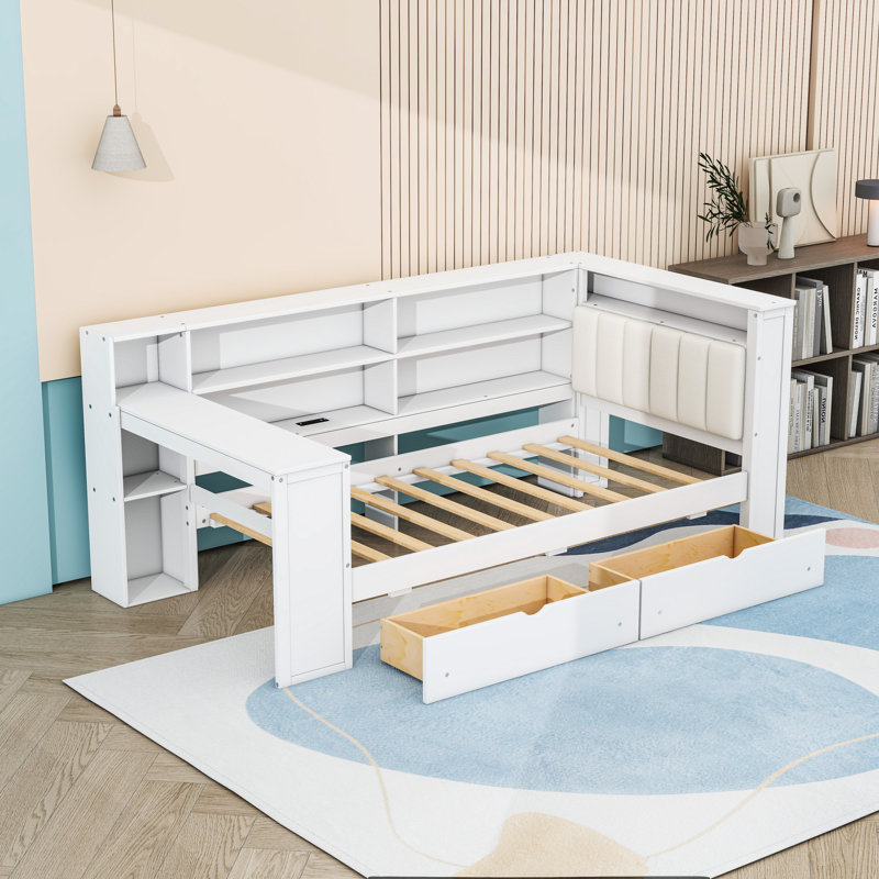 Lit plateforme en bois 2 tiroirs avec tablettes, station de charge, lumières DEL et bureau, Lit simple, Blanc