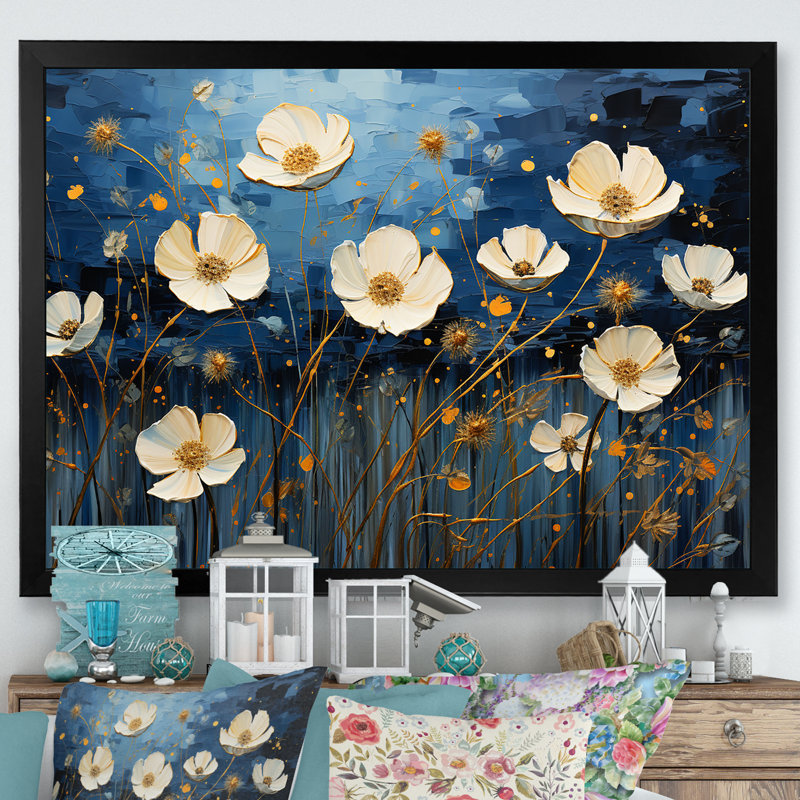 «Midnight Indigo Buttercups - Buttercups», reproductions d'art mural, Cadre photo noir, H 30 po x l 40 po x P 1,5 po