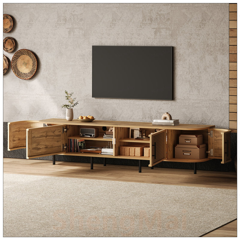 Meuble télé moderne avec portes en rotin pour téléviseur de 80 po ou moins, console média avec rangement et gestion des câbles