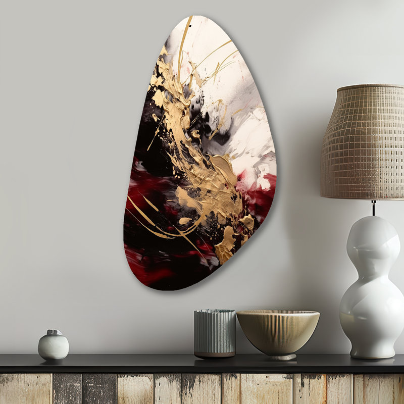 Gold and Red Fluid Fusion I - Abstract Asymmetrical Metal Wall Art, Modern Irregular Shape Metal Art Print