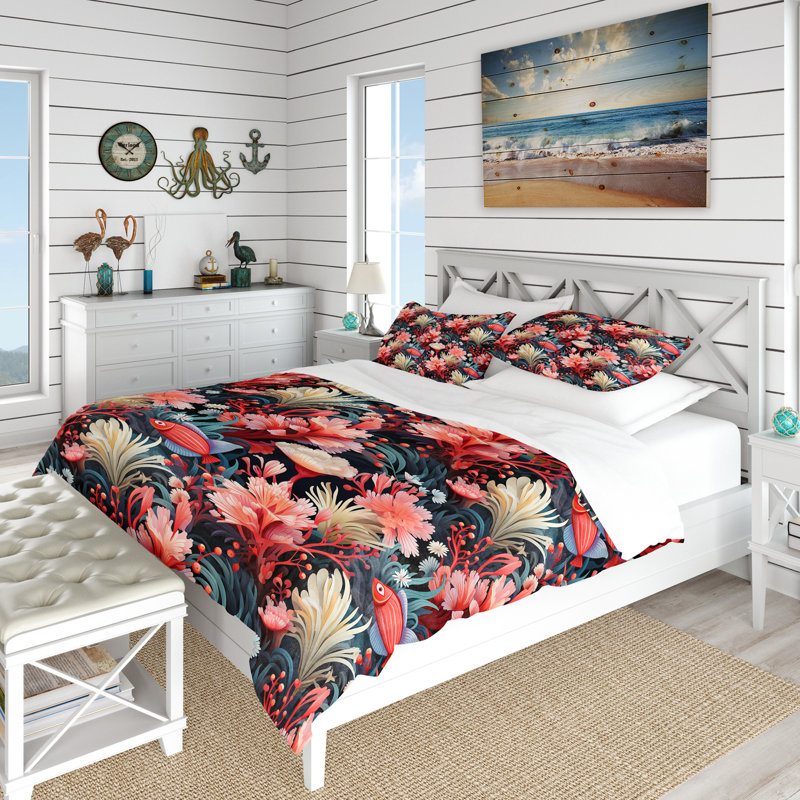 Ensemble de housse de couette Vibrant Coral Haven Coastal, Housse de couette pour grand lit et 2 taies décor