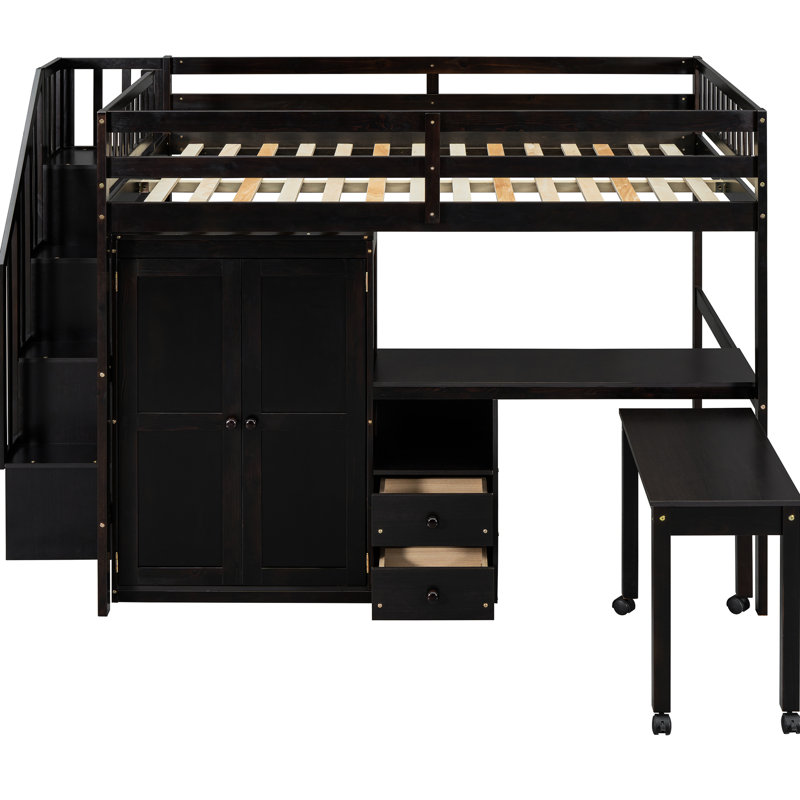 Lit mezzanine pleine grandeur pour les adolescents et les adolescents avec escaliers, bibliothèque, tiroirs, bureau et garde-robe - Luminaire de chambre à coucher optimisant l'espace
