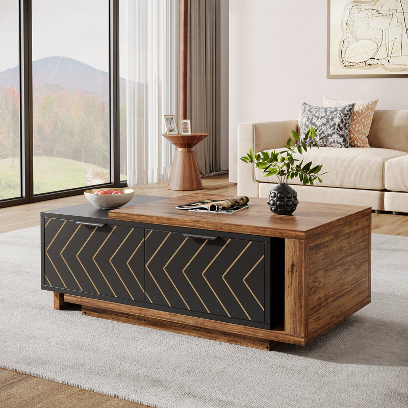 Extendable Coffee Table With 2 Storage Drawers, Dual-Tone Center Table With Sliding Tabletop, Brown/Black
