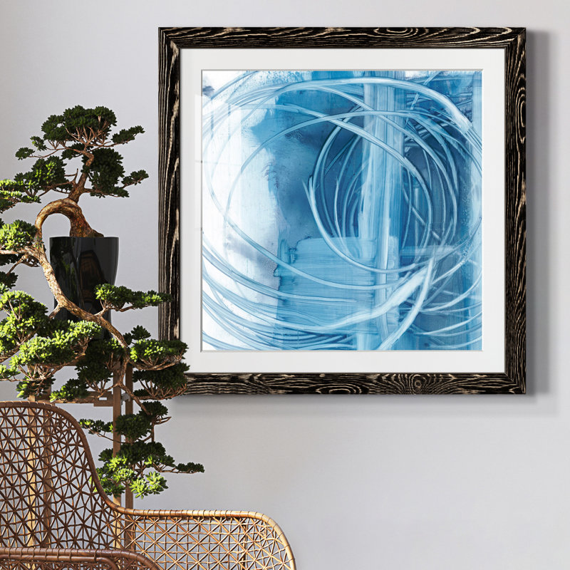Indigo Expression II - Painting, Distressed Black Framed Paper, 22.5" H x 22.5" W x 1.5" D, White