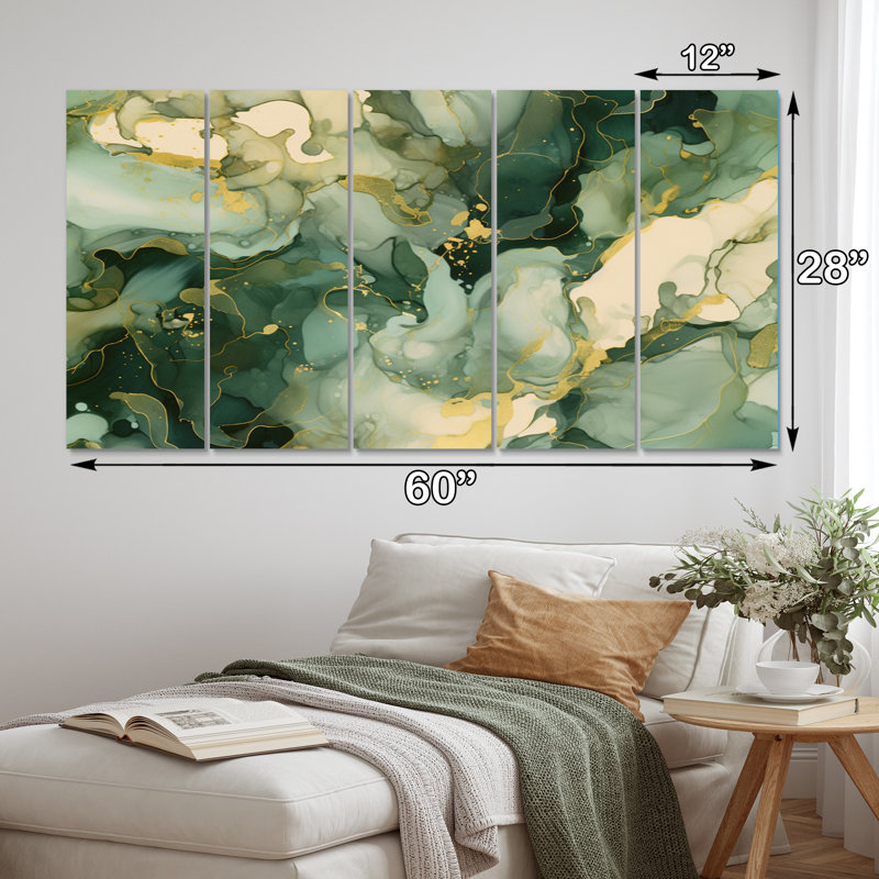 «Green Luxury Abstract Fluid Art I - Fractals Wall Decor», 5 panneaux égaux