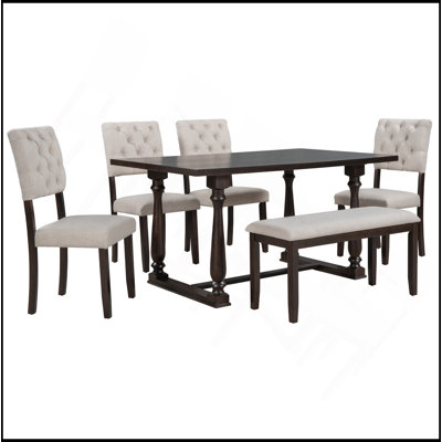 Ensemble de table et chaises de salle à manger 6 pièces avec pieds de forme spéciale et dossiers et coussins recouverts de mousse pour la salle à manger