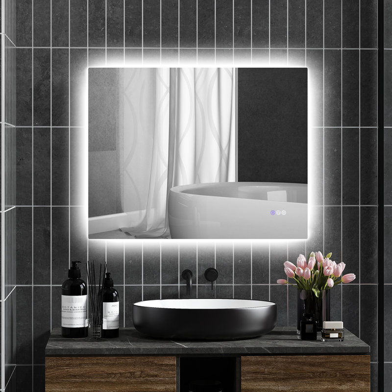 Miroir de salle de bain à DEL 35 po x 28 po, brouillard, intensité variable avec mémoire, température de couleur infinie, fixation murale pour la salle de bain, horizontal / vertical, verre Cri90 +, preuve, cadre en alliage d'aluminium 35 po x 28 po, luminosité