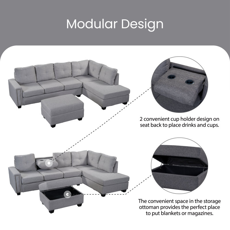 Canapé modulaire Ishrat, 100 % lin gris clair