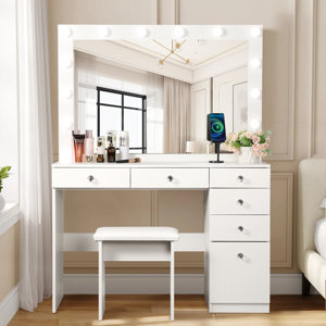 Umeka Vanity with 5 Drawers, Power Outlets and Lighted Mirror