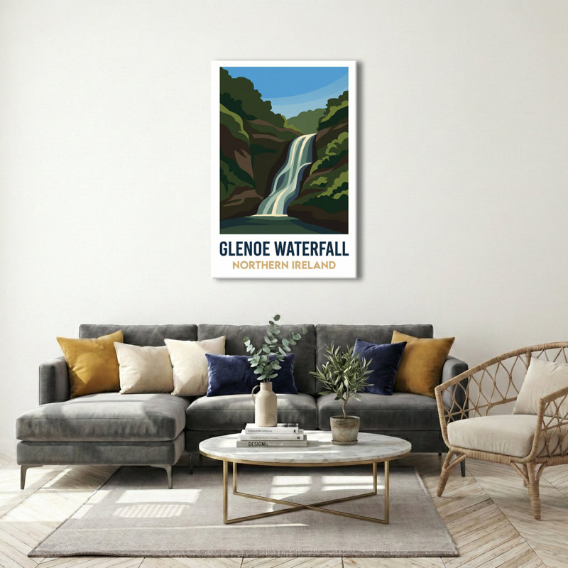 Glenoe Waterfall, Northern Ireland - Romantic Travel Poster of Falls and Woodland. Giclee Print on Wrapped Canvas. Wall Art, Home Decor - Natural Landmarks, Northern Ireland 1 Piece Wrapped Canvas Wall Art