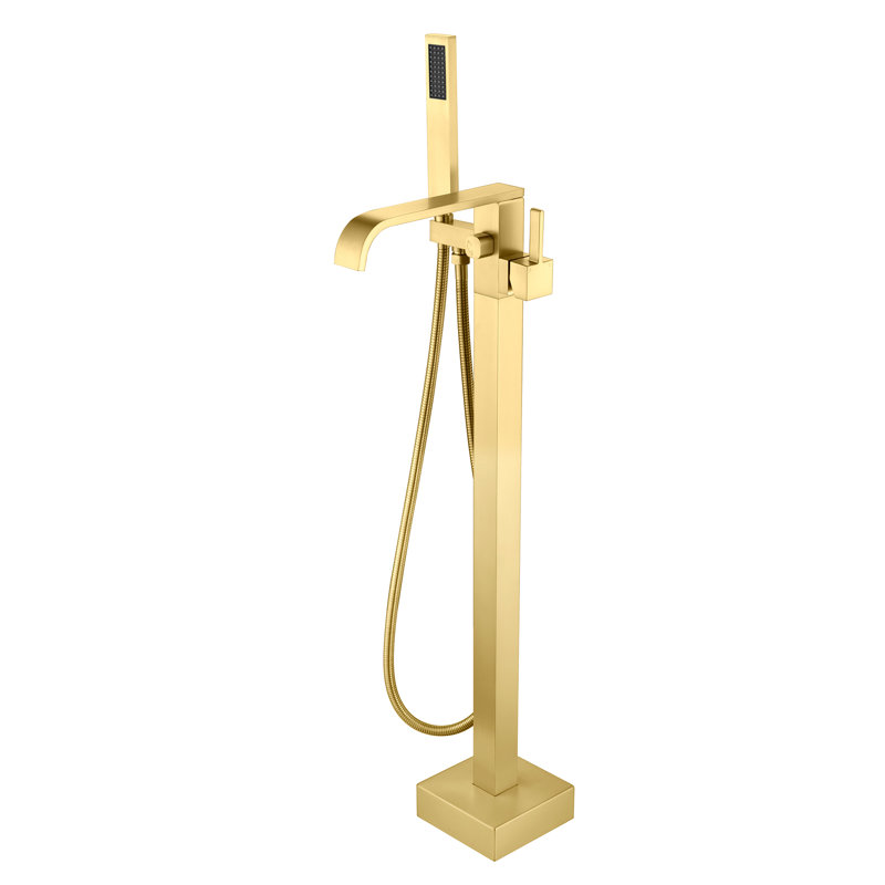 Robinet de baignoire sur pied avec douchette Watersense, robinet de baignoire à fixation au sol pivotant sur 360 ° Summit, or brossé