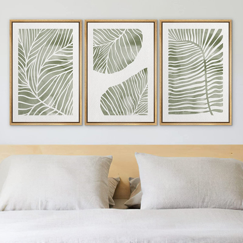 " Abstract Jungle Green Pastel Plants Nature Wilderness Illustrations " 3 - Pieces Painting Print, 36" H x 72" W, Brown