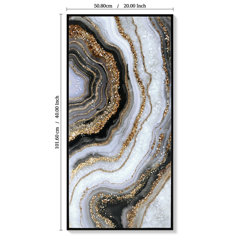 Décoration murale abstraite moderne 20 x 40 pouces, toile noire et dorée avec, peinte à la main, idéale pour le bureau d'art à la maison, toile, décor professionnellement polyvalent
