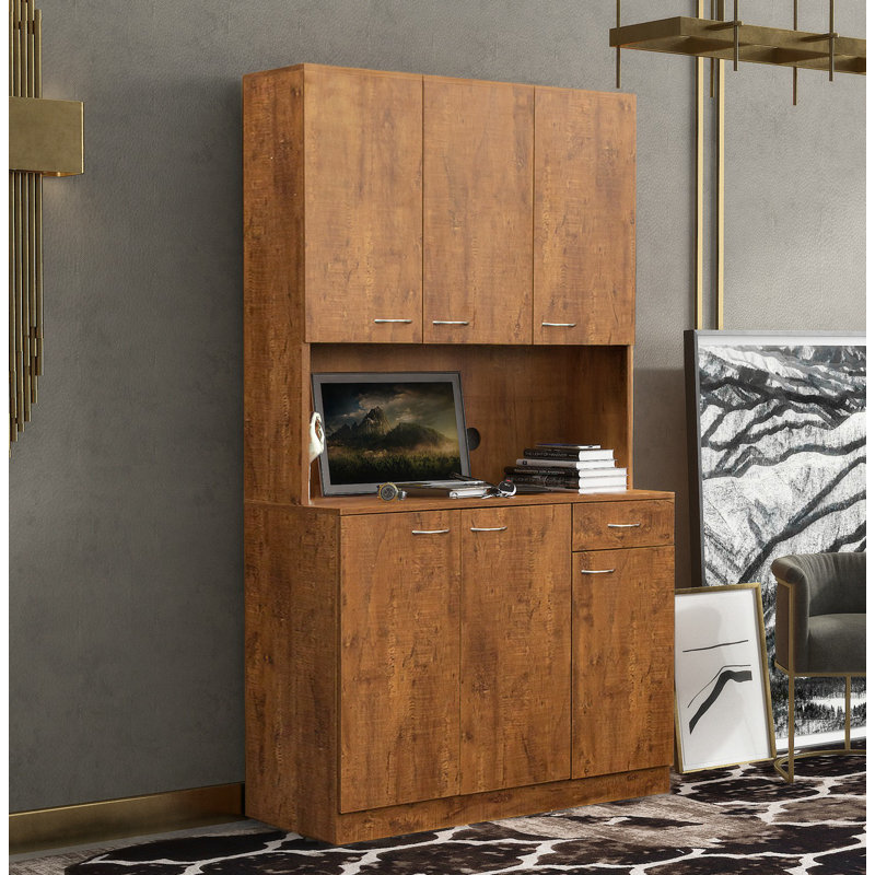 Armoire de cuisine haute avec 6 portes, 1 tablette ouverte et 1 tiroir, Noyer