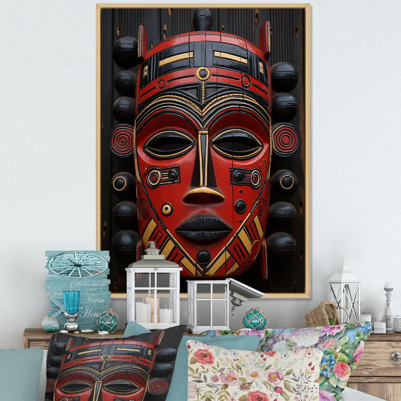 Red Masques ancestraux rouges - Masque africain, art mural, Cadre flottant brun, H 44 po x l 34 po