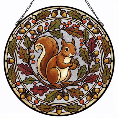 Squirrel Acorn Stained Glass Window Panel，12"H