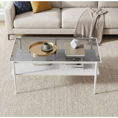 Table basse 38 po rectangulaire moderne avec plateau en verre trempé et tablette de rangement à 2 niveaux