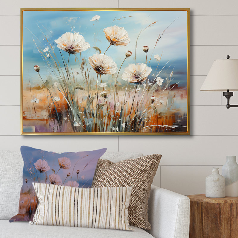 Décoration murale minimaliste pissenlit - fleurs, Cadre flottant doré, H 34 po x l 44 po x P 1,5 po