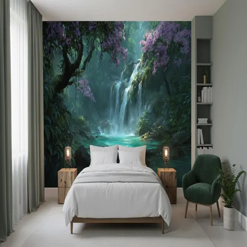 Murale forêt cascade émeraude enchantée, 96" L x 108" W
