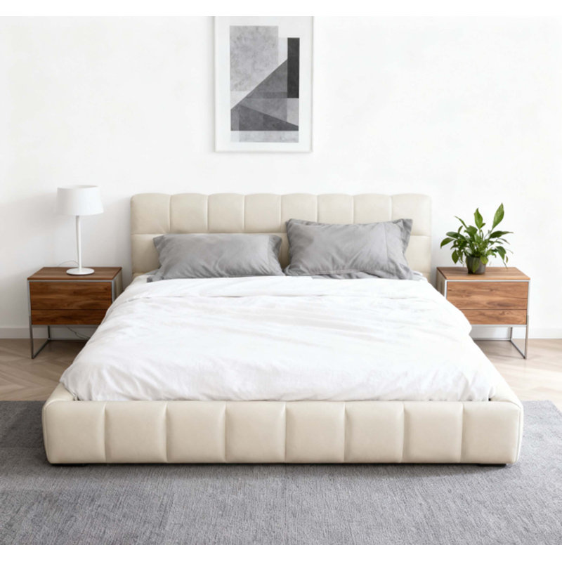 Grand lit plateforme tapissier avec tissu épais, lit au sol avec structure solide, beige