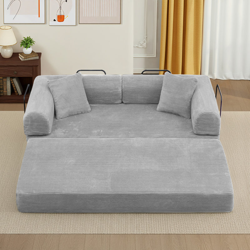 63" Compression Convertible Sleeper Futon Sofa Bed, 4-in-1 Corduroy Upholstered Floor Couch with 2 Pillows, No Assembly Required