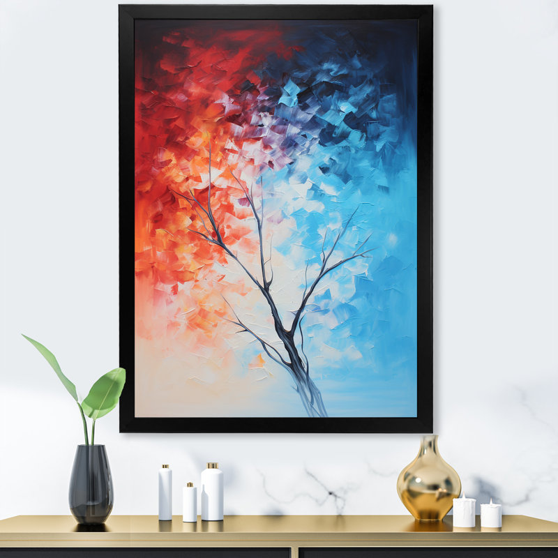 Feu et glace Tachisme arbre III - art mural tachisme, H 20 po x l 12 po x P 1 po, Cadre simple noir