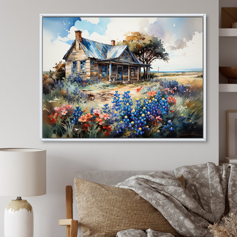 «Blue Bonnets Farm Charm» sur toile, Cadre flottant blanc, H 12 po x l 20 po x P 1 po