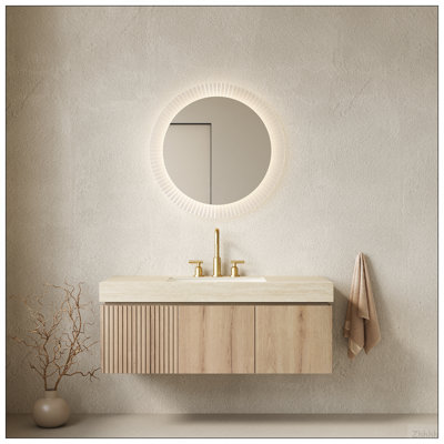 Meuble-lavabo de salle de bain 48 po MURI, armoire de rangement en contreplaqué flottant avec tiroir et portes, plateau en pierre frittée en travertin Roma et lavabo en céramique avec 3 trous de robinet pré-percés, pré-assemblé, grain de bois de chêne blanc
