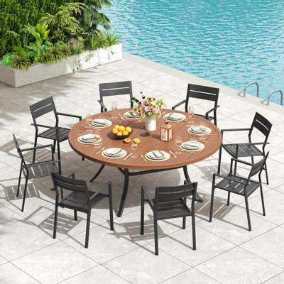 60" Patio Dining Set with Metal Round Dining Table and 8 Metal Armrest Chairs