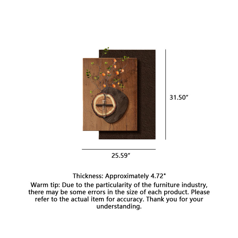 Art mural Mid-Century 3D avec vase d'eau et DEL - Décoration en bois rustique, H 31,5 po x l 25,59 po x P 4,72 po