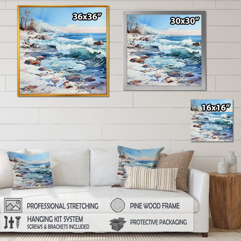 Océan, paysage d'hiver sur toile, Cadre doré simple, H 30 po x l 30 po x P 1 po
