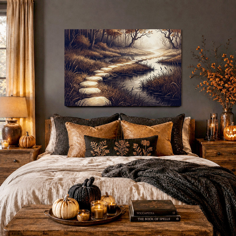Art mural sur toile, "Stepping Stones Crossing Sepia Forest Stream", H 16 po x l 24 po