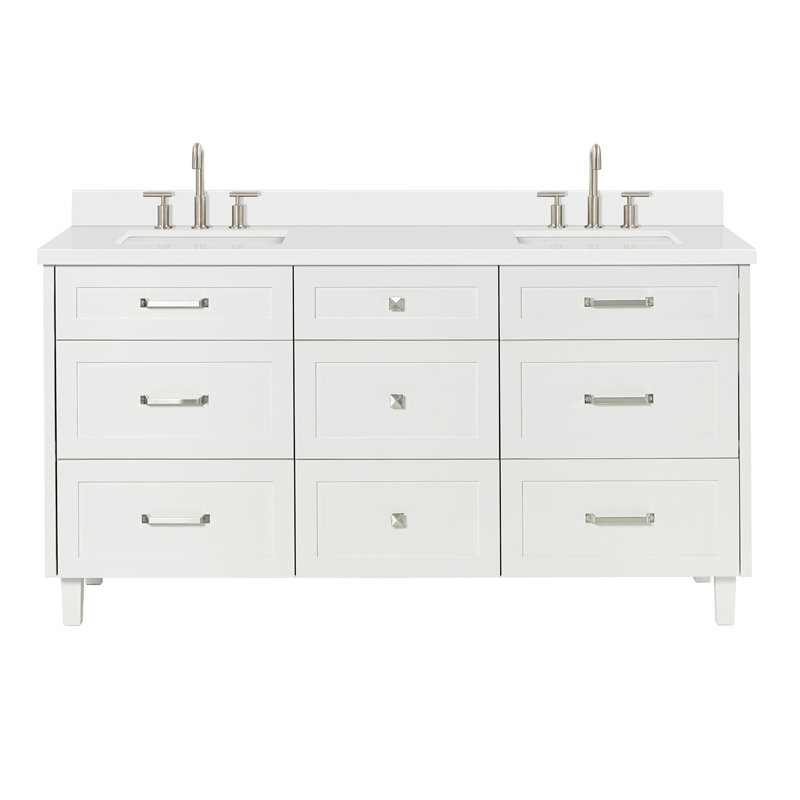 Meuble-lavabo double 67 po avec comptoir en quartz Ariel Monroe, Blanc