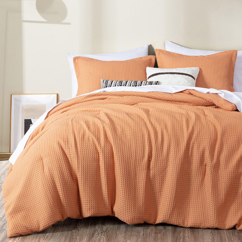 Wilmer Waffle Weave Textured Comforter Set, Queen Comforter + 2 Standard Shams, Toffee
