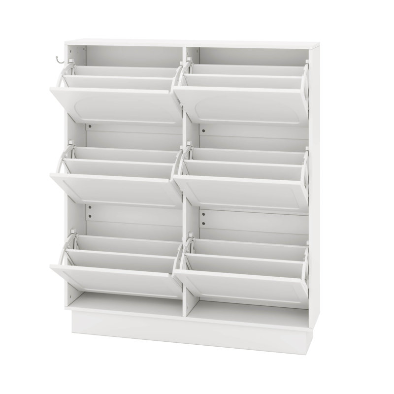 Modern Tipping Bucket Shoe Cabinet With 6 Flip Drawers, Adjustable Shelf, Freestanding Shoe Rack With 3 Silvery Hooks, White