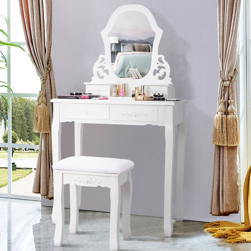 Ensemble coiffeuse avec tabouret et Miroir Enrico, blanc