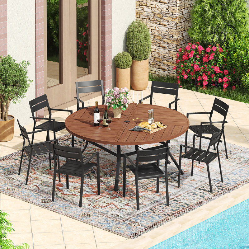 60" Round Patio Dining Set with Metal Dining Table and 8 Armrest Dining Chairs, Brush Wood Brown/Black/Black