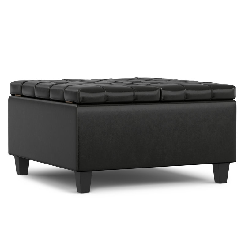 Midnight Black Tufted Faux Leather Storage Ottoman