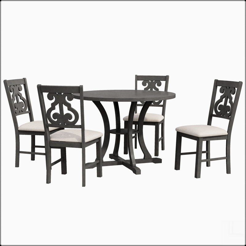 Table de salle à manger 5 pièces et 4 chaises en tissu avec tablette de rangement, Gris, Gris/beige, Gris