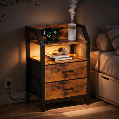 46 cm Wide Solid Wood Nightstand with LED Ambient Light and Charging Station, 2 Woven Drawers Bedside Table with Adjustable Feet, Wooden Accent Side Table for Bedroom, Living Room and Study